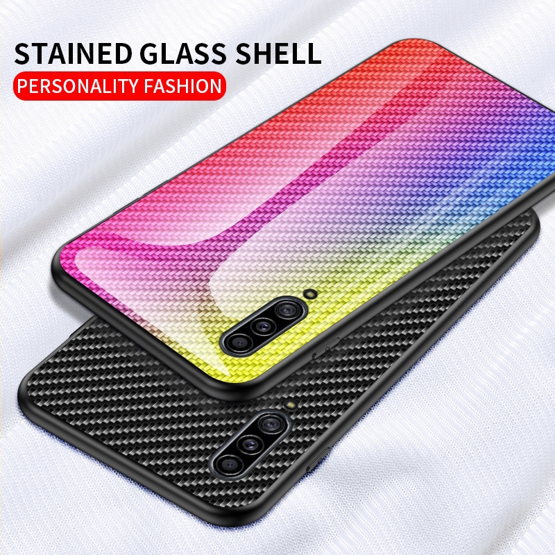 For Samsung A90 5G A10s M10s A50s A30s A50 A20s Carbon Fiber Glossy Texture Tempered Glass Phone Case