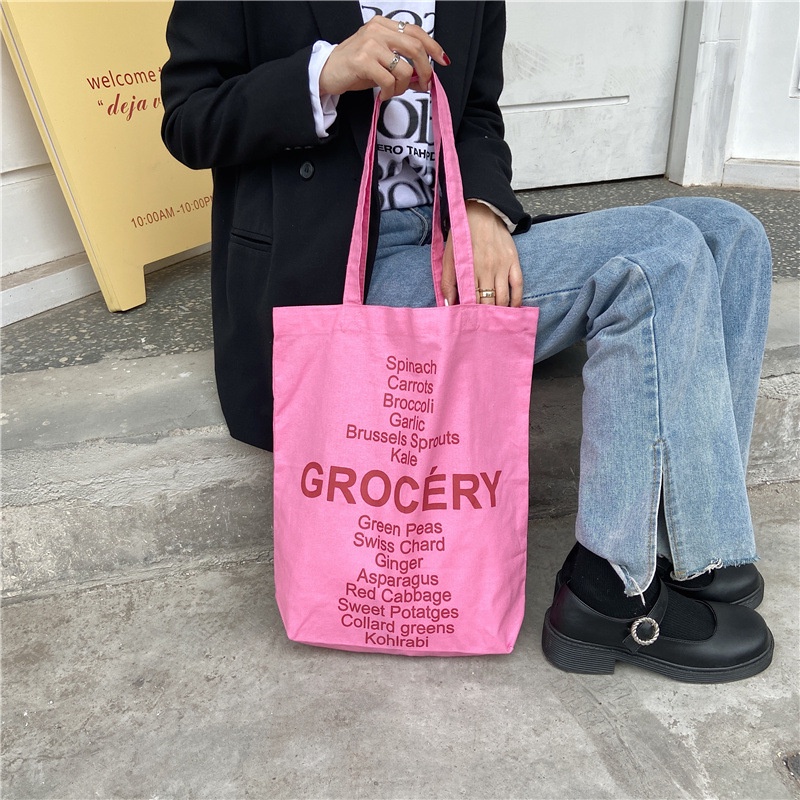 Túi Tote phong cách Hàn Quốc nhiều màu chất liệu canvas in chữ Grocery