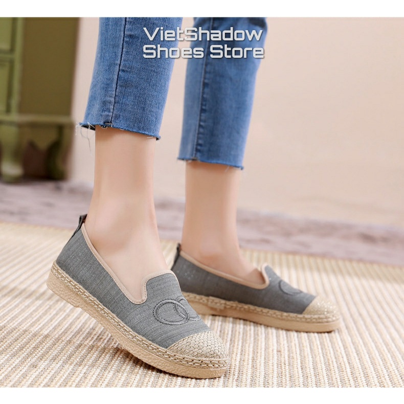 Giày lười slipon nữ chất liệu vải bố mũi và viền bo cói siêu đẹp và cá tính - Mã SP C01