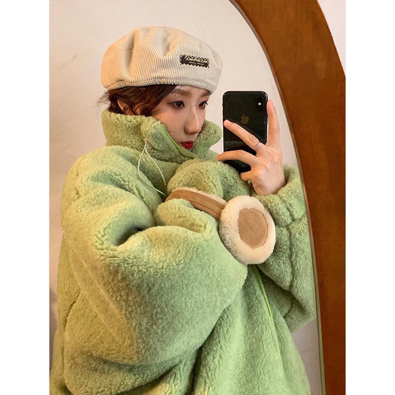 Áo Khoác Cotton Lông Cừu Phối Khóa Kéo Cá Tính Cho Nữ