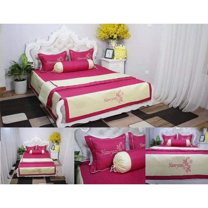 Trọn bộ chăn ga gối satin 5 món cao cấp thêu cực đẹp dùng phòng cưới,làm quà tặng biếu sang trọng