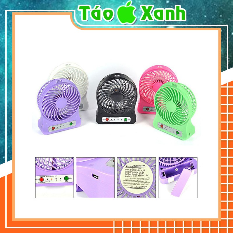 Quạt Mini Cầm Tay - Quạt 3 Tốc Độ Có Đèn (Full bộ: Quạt + Pin + Dây Sạc)