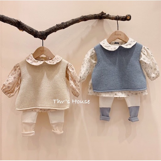 Set Áo Hoa Khoác Gile Len Quần Cotton Phối Màu Cao Cấp Cho Bé - Quảng Châu Cao Cấp