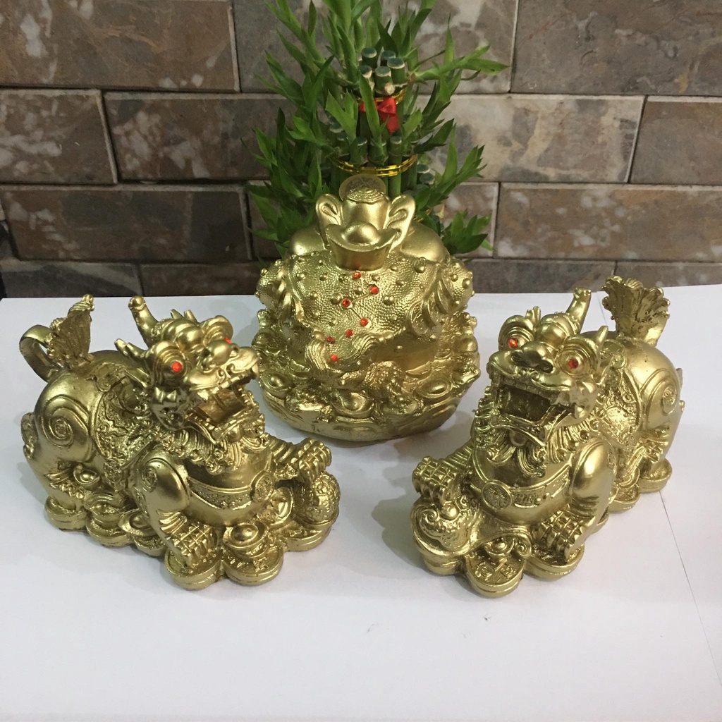 Combo cặp tỳ hưu và cóc ngậm tiền cỡ lớn màu vàng mang tài lộc