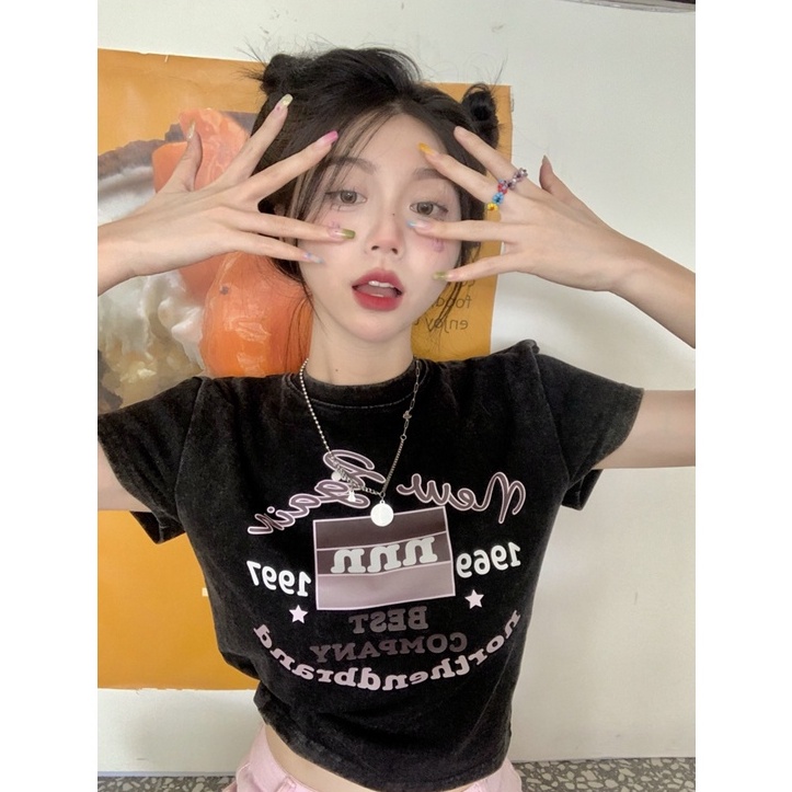 Áo Thun Dáng Ôm In Họa Tiết Kiểu retro Mỹ Xinh Xắn Cho Nữ