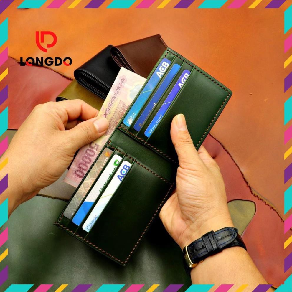 Ví Da Bò Nam Handmade Màu Xanh Lá - Cam Kết 100% Da Bò Thật