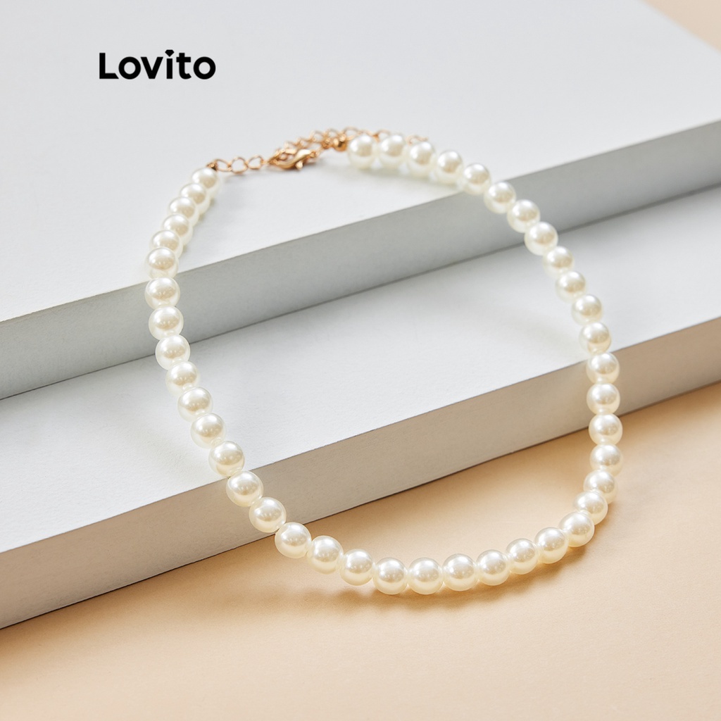 Vòng cổ choker Lovito đính ngọc trai nhân tạo phong cách thanh lịch L17M155 (Màu trắng)