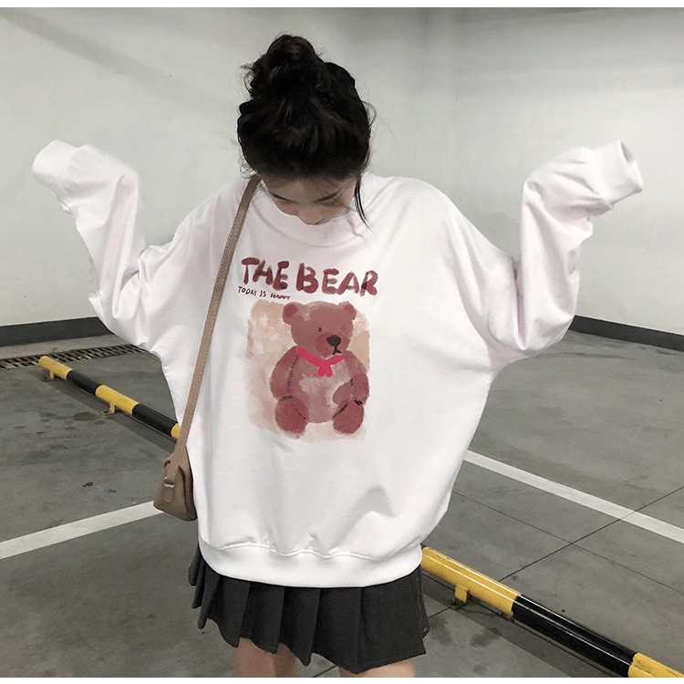 【ZHELIHANGFEI】Áo Thun Sweater Tay Dài Dáng Rộng In Hình Gấu Dễ Phối Đồ