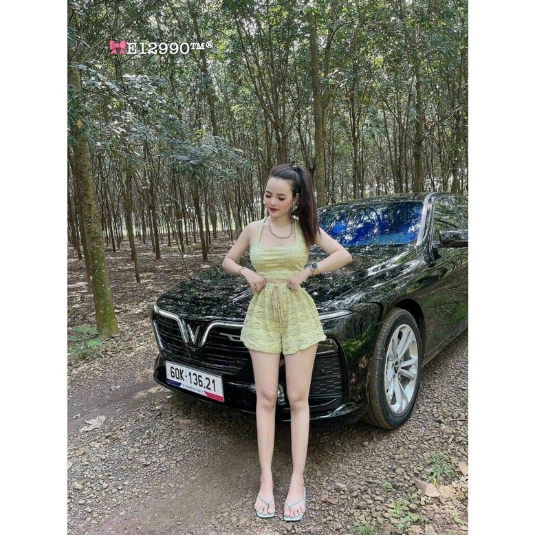 Set đồ nữ cá tính, sang chảnh đi chơi đẹp, đồ bộ nữ dễ thương chất ren 2 lớp quần short dây rút kèm áo croptop 2 dây