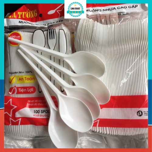 Thìa nhựa Gia Tường gói đủ 100 chiếc, Thìa nhựa dùng một lần LINHMART