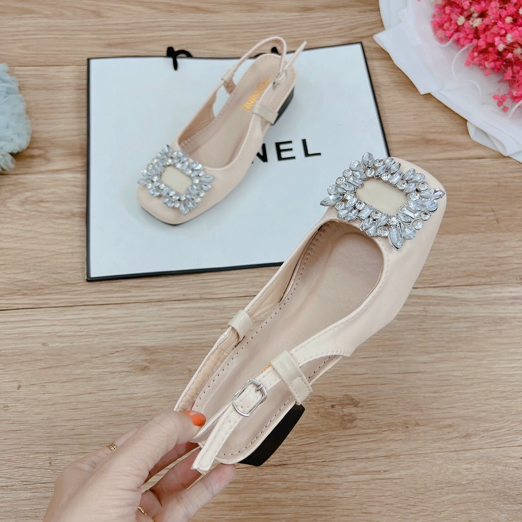 Giày búp bê mũi vuông 2p quai hậu mặt đính đá lên chân cực sang cực đẹp mã V08