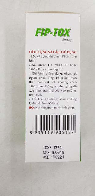 THUỐC XỊT DIỆT VE RẬN, BỌ CHÉT CHÓ MÈO, THÚ CẢNH FIP TOX SPRAY 100ML