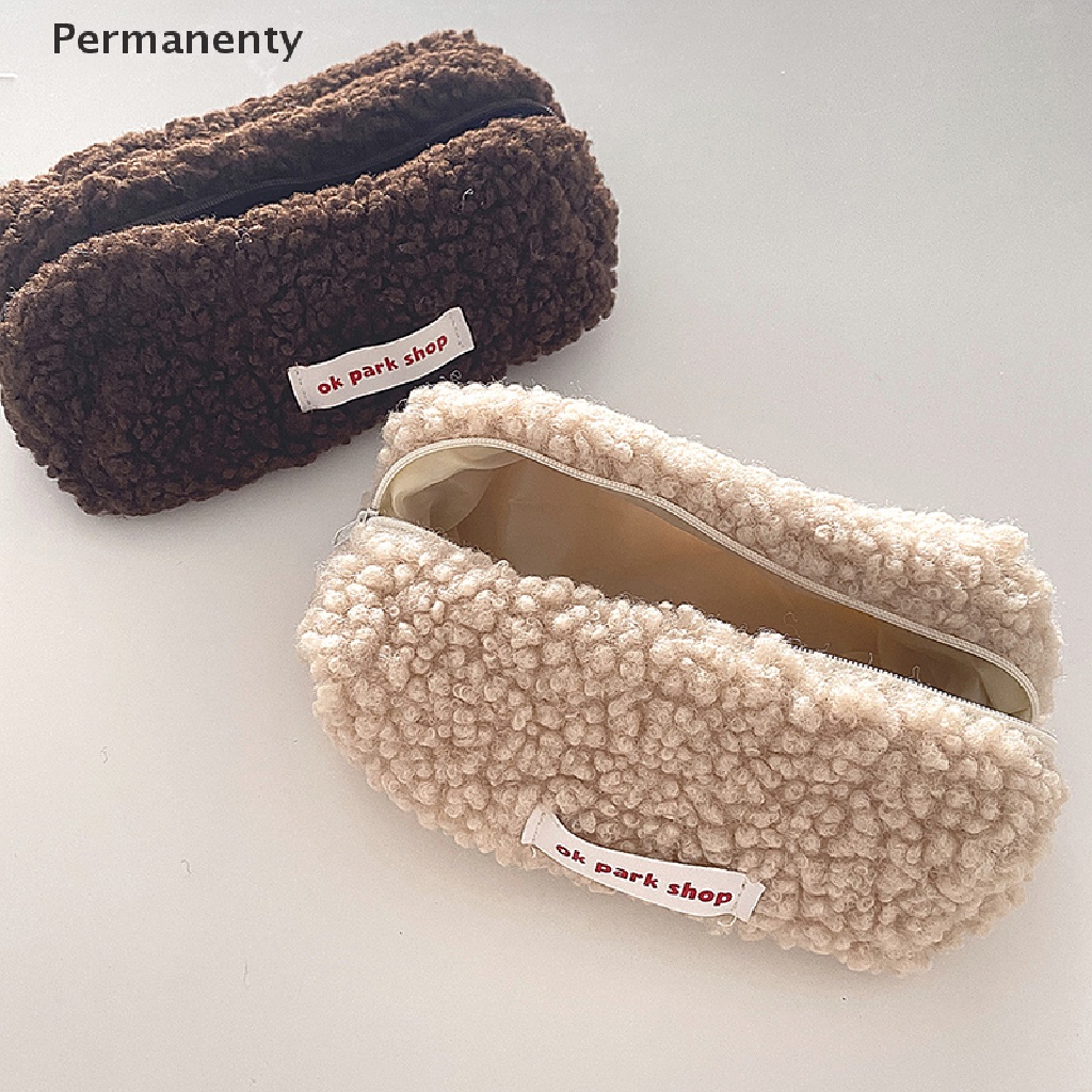 Túi Đựng Bút Bằng Vải Cashmere Phối Lông Có Dây Kéo Nhiều Màu