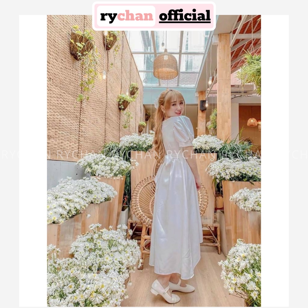 Đầm Xòe Midi Trắng Tay Phồng Nơ Lưng Lệch Tà Lót Trong Dày Dặn [Ảnh Thật Cuối] - DX0077