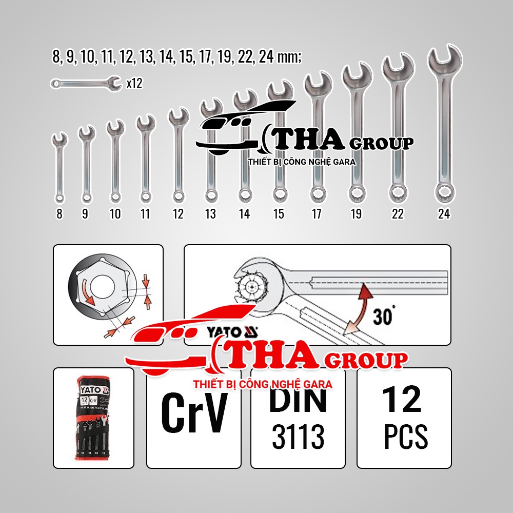 Bộ cờ lê vòng miệng hệ mét 12 chi tiết 8-24mm Yato YT-0362