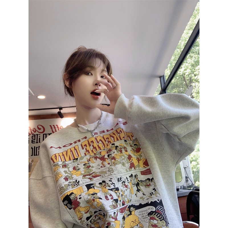 Áo sweater Cổ Tròn Tay Dài Dáng Rộng In Họa Tiết Hoạt Hình Phong Cách Hàn Quốc Thời Trang Cho Nữ