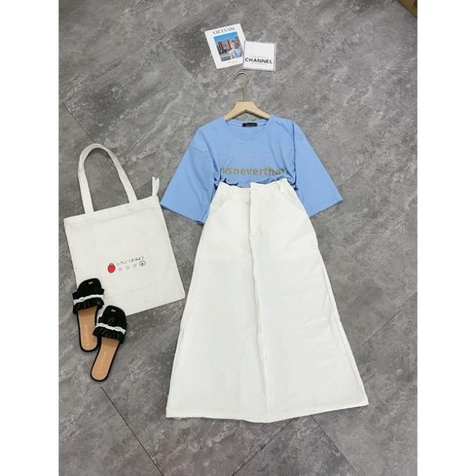 Set Đồ Nữ, Set Áo Pull Xanh Chữ Chân Váy Kaki Midi thu_dao 2 2 😍 '