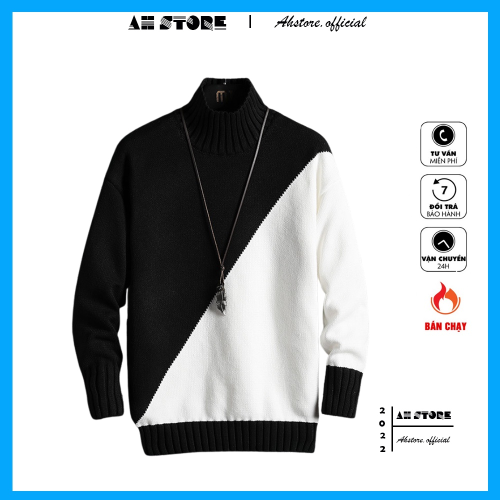 Áo len nam cổ 3p vạt chéo , Áo len nam cao cổ phối màu trẻ trung vải len dệt dày dặn đẹp mịn - AHSTORE