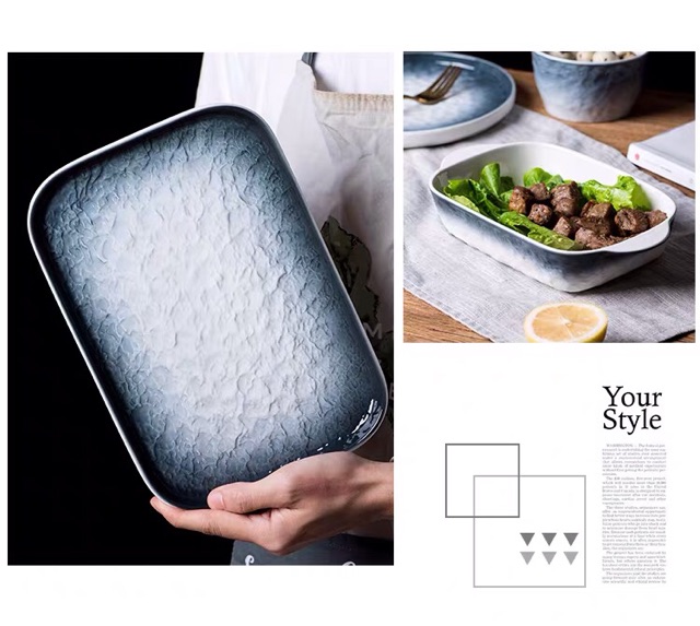 Link tách lẻ set bát đĩa sứ vân đá sóng nước xanh đĩa bít tết, salat đồ Âu cao cấp