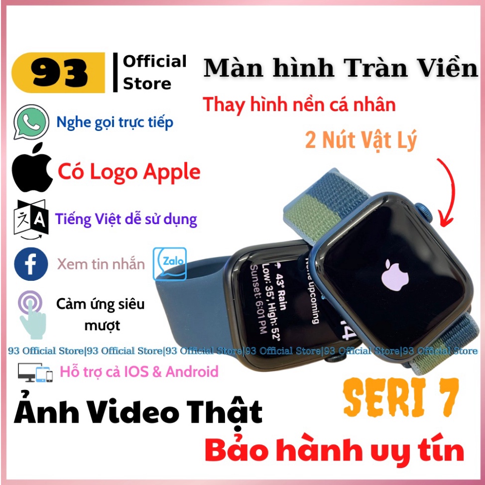 Đồng Hồ Thông Minh Seri 7 Logo Táo Màn Hình Tràn Viền 2 Nút Vật Lý Sạc Không Dây Full Thông Báo Tiếng Việt