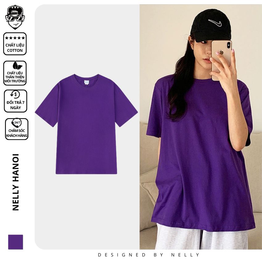 Áo thun tay lỡ NELLY phông Unisex nam nữ oversize form rộng tím đậm