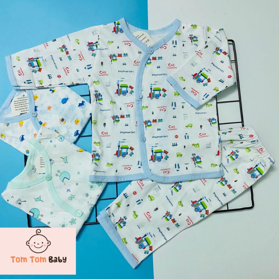 Bộ quần áo sơ sinh Tay Dài Cài Xéo Họa Tiết JOU, chất vải cotton 100% cao cấp mềm, mịn, thoáng mát, hàng giao giống hình