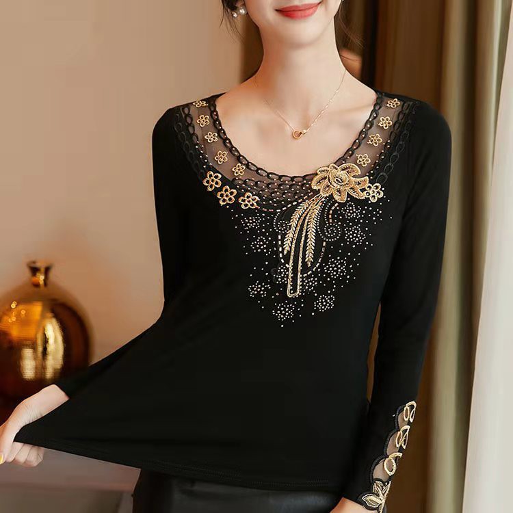 (HT003)Áo thun tay dài cổ tròn phối hoạ tiết hoa sang trọng