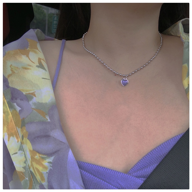 Vòng cổ Mặt Trái Tim Màu Tím Phong Cách Retro Hàn Quốc