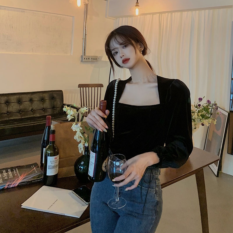 QKOOLE  Áo Kiểu Tay Dài Cổ Vuông Phong Cách Retro Hàn Quốc Thời Trang Cho Nữ