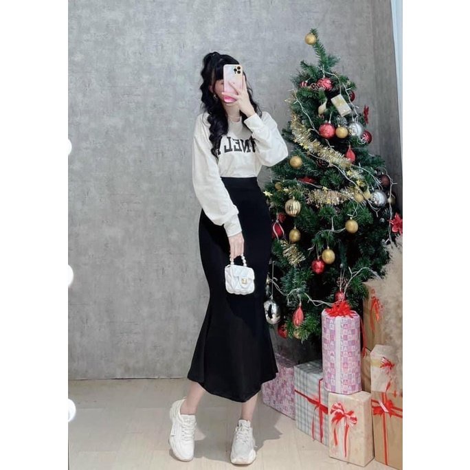 Chân váy đuôi cá cạp cao dáng dài chất tuyết mưa màu đen