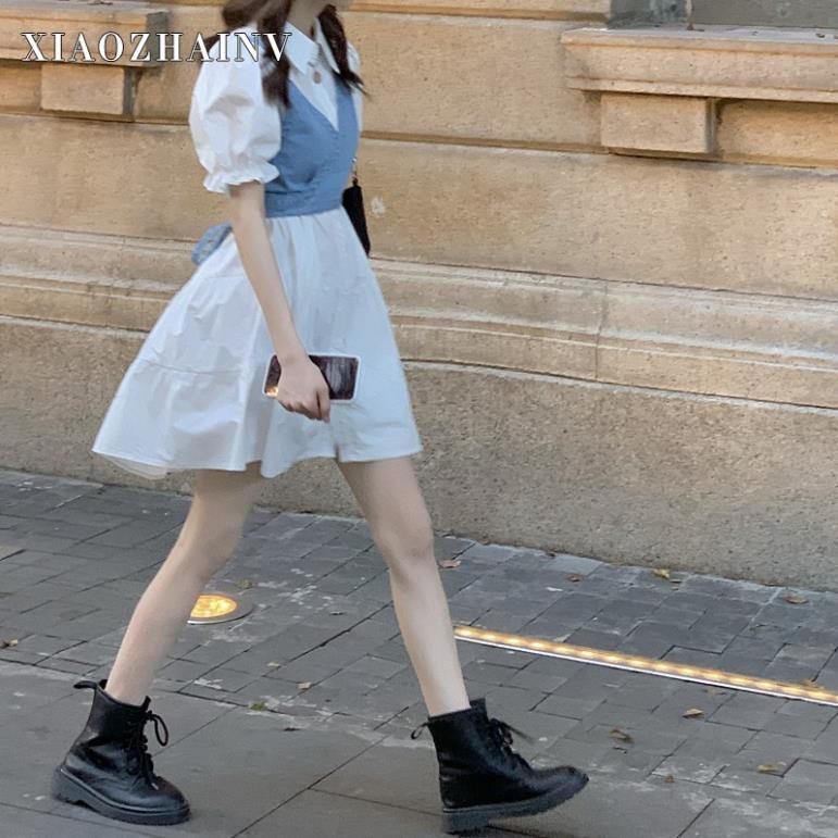 Xiaozhainv Đầm tay phồng/Áo hai dây vải denim kiểu retro xinh xắn cho bạn gái | BigBuy360 - bigbuy360.vn