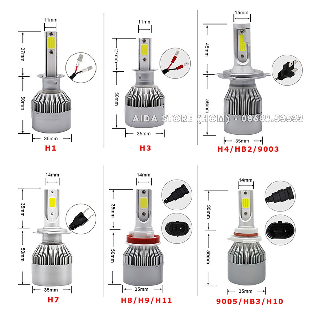 01 bóng đèn pha LED xe máy, ô tô H4 HB2 9003 C6 siêu sáng 36W