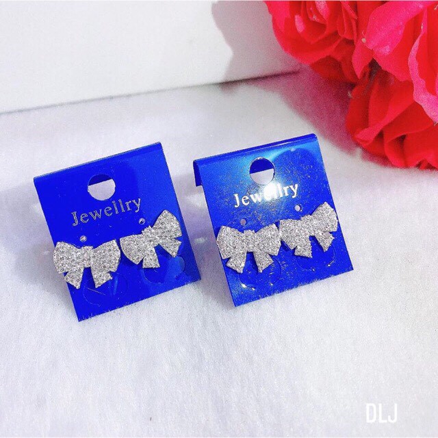 Bông tai nơ đính đá hàng đẹp LINH MIU SILVER