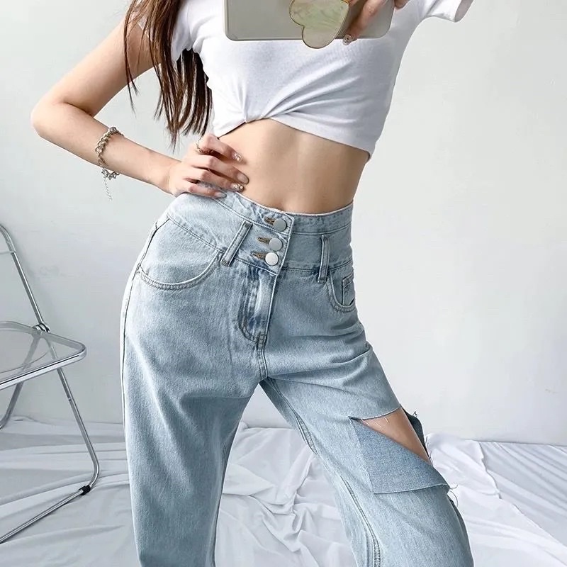 Quần Jean Nữ Ống Suông Cạp 3 Cúc Màu Xanh Bạc Lưng Cao Ống Dài Rộng Chất Jeans Co Dãn Phong Cách Ulzzang Cá Tính Loại 1
