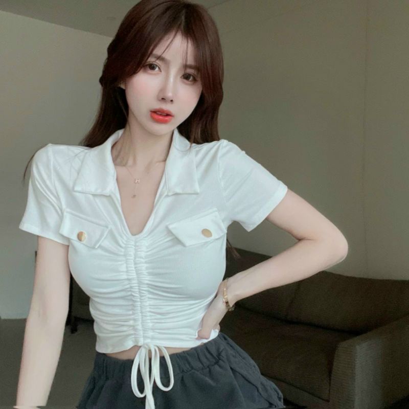 Áo thun cổ bẻ rút dây giữa phối kiểu 2 nắp A15 tay ngắn