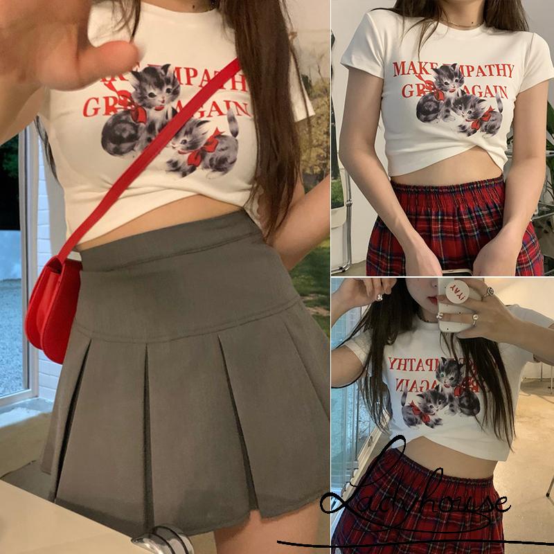 Áo Thun Crop Top Tay Ngắn Cổ Tròn In Hình Mèo Dễ Thương Thời Trang Mùa Hè Dành Cho Nữ