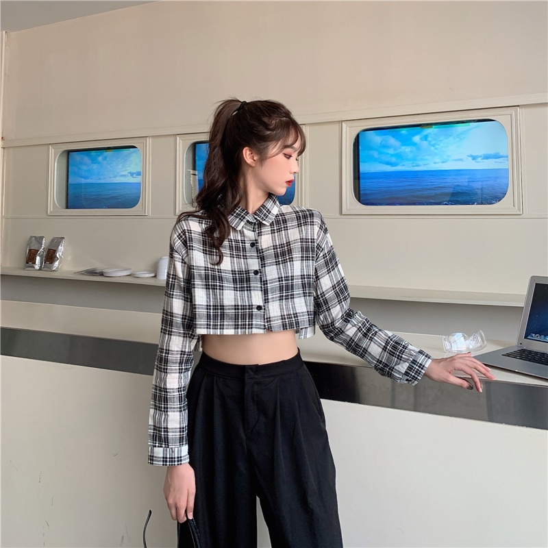 Áo sơ mi ZHELIHANGFEI tay dài cổ polo eo cao quyến rũ thiết kế thời trang