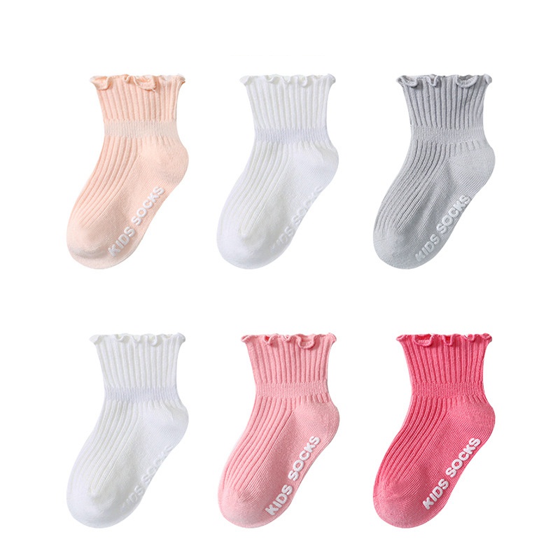 Set 3 Đôi Vớ Cotton Chống Trượt Màu Trơn Phối Ren Dành Cho Bé Gái 0-7 Tuổi