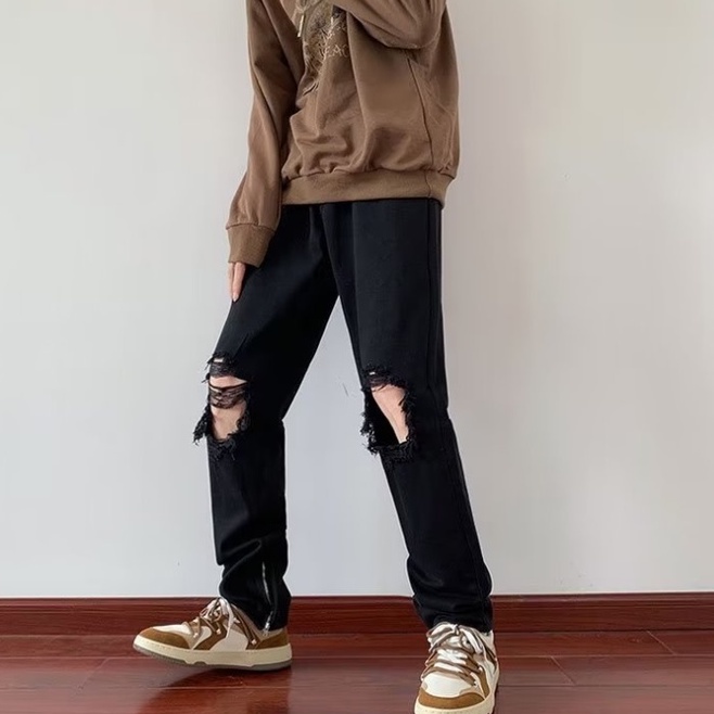 Quần Jean nam hàn quốc quần jean nam đen rách gối oversize quần jean nam cao cấp