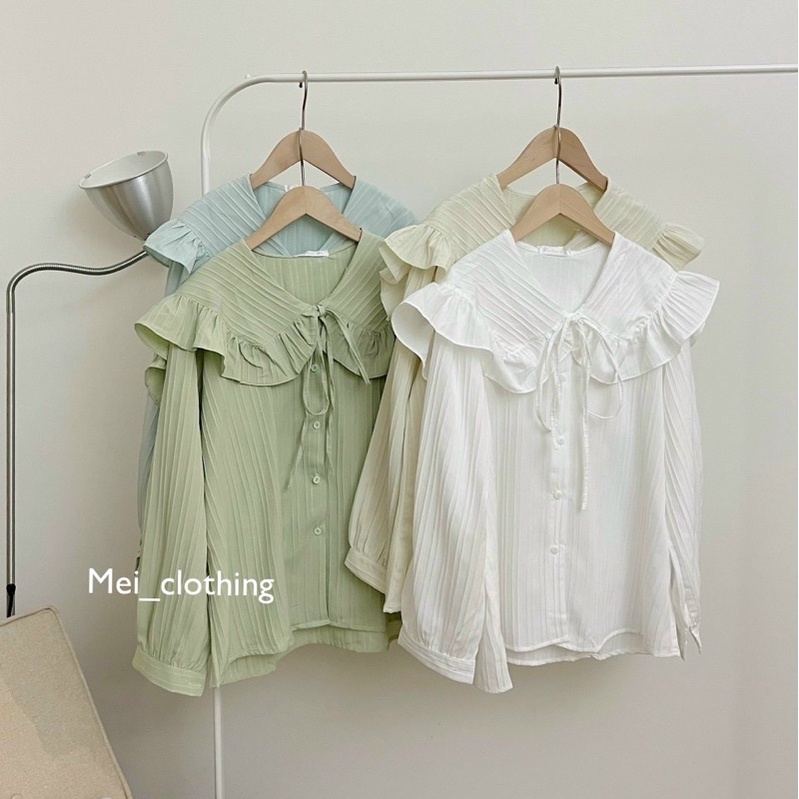 Áo sơmi gân Cổ Bèo To thắt nơ thiết kế tay bồng xinh xắn