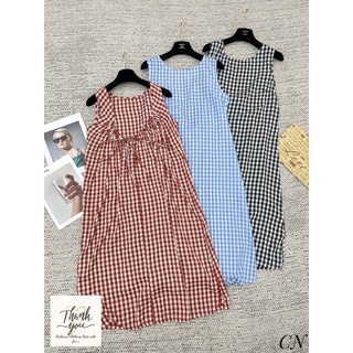 Váy maxi kẻ rút dây hở lưng