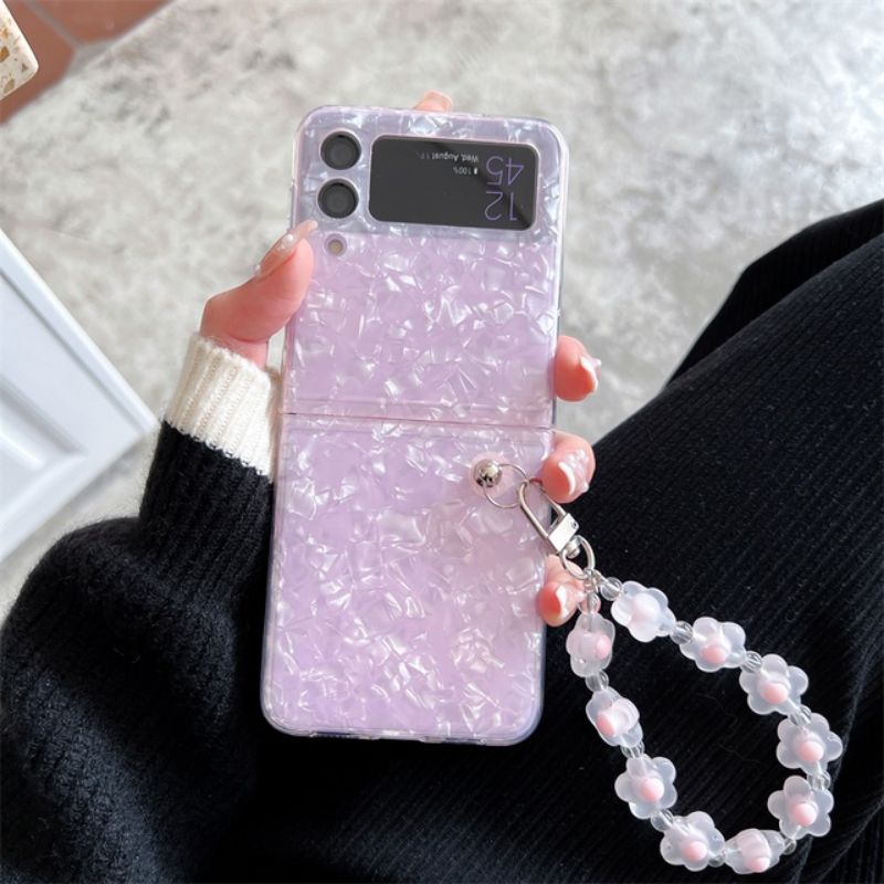Ốp Samsung Z Flip 4 - ZFlip3 - Z Flip4 - Flip3 5G vân đá lấp lánh kèm dây đeo hạt hoa acrylic dễ thương