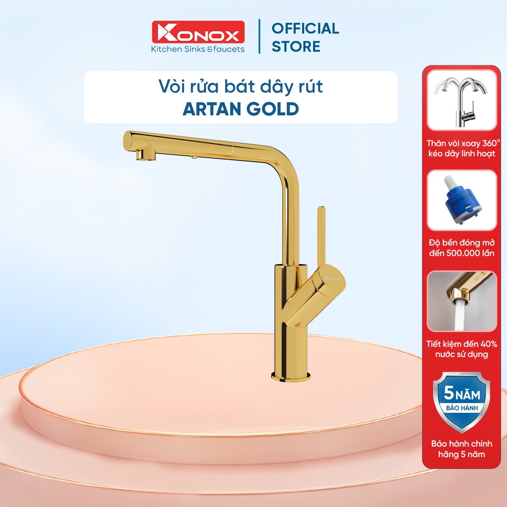 Vòi rửa bát kéo dây KONOX Artan Gold, bề mặt xử lý mạ PVD 5 lớp, lõi hợp kim đồng 61% tiêu chuẩn Châu Âu CW617N