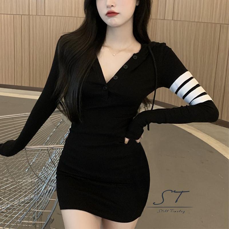 Đầm Nữ Dáng Ôm Tay Dài Cổ Bẻ Co Giãn In Kẻ Sọc Thanh Lịch CY03