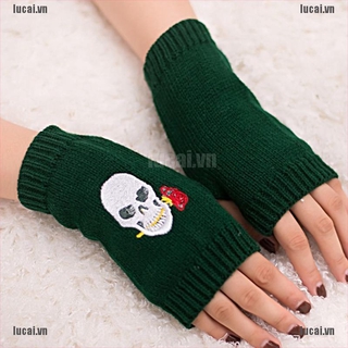 Găng Tay Len Hở Ngón Thêu Hình Đầu Lâu Độc Đáo