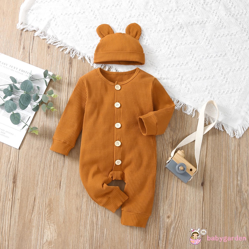 Áo liền quần dài tay cổ tròn màu trơn kèm mũ thời trang xuân thu cho bé trai 0-24 tháng