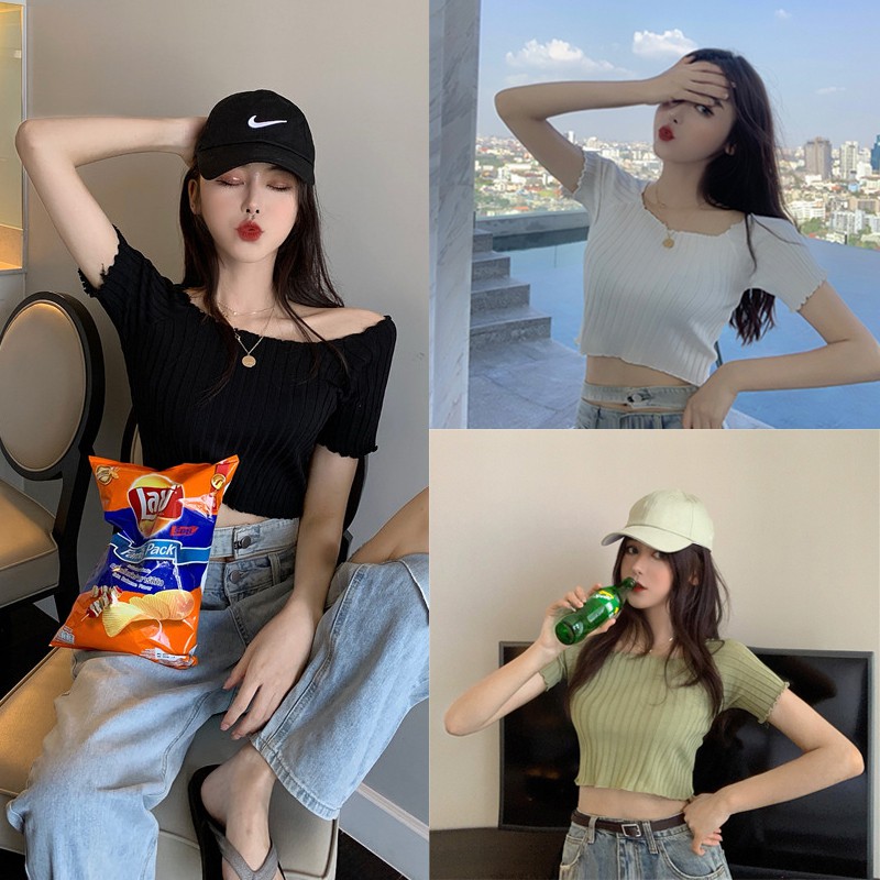 Xiaozhainv Áo dệt kim nữ dáng ôm tay ngắn thời trang gợi cảm