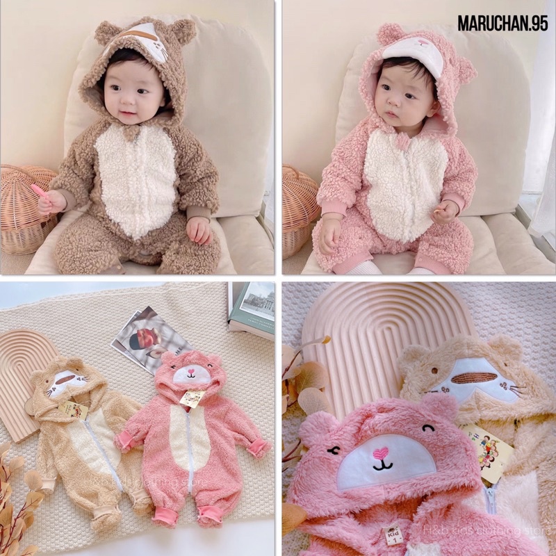 Body lông liền mũ kéo khoá giữ nhiệt cho bé trai gái 4-12kg chất liệu lông mềm mại an toàn cho bé