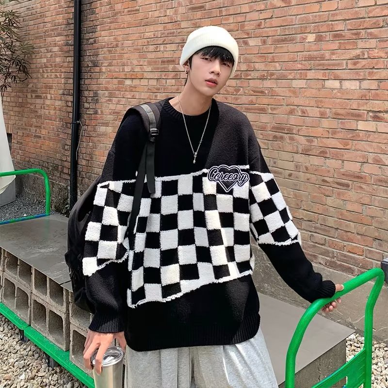 Áo Sweater Cổ Tròn Họa Tiết Sọc Caro Thời Trang Thu Đông Cho Nam