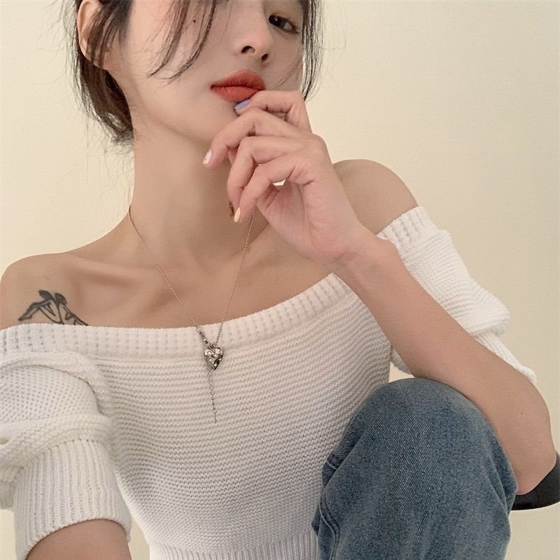 Áo Thun Dệt Kim Mỏng Ôm Dáng Trễ Vai Ngắn Tay Họa Tiết Kẻ Sọc Thời Trang Mùa Hè Retro Cho Nữ